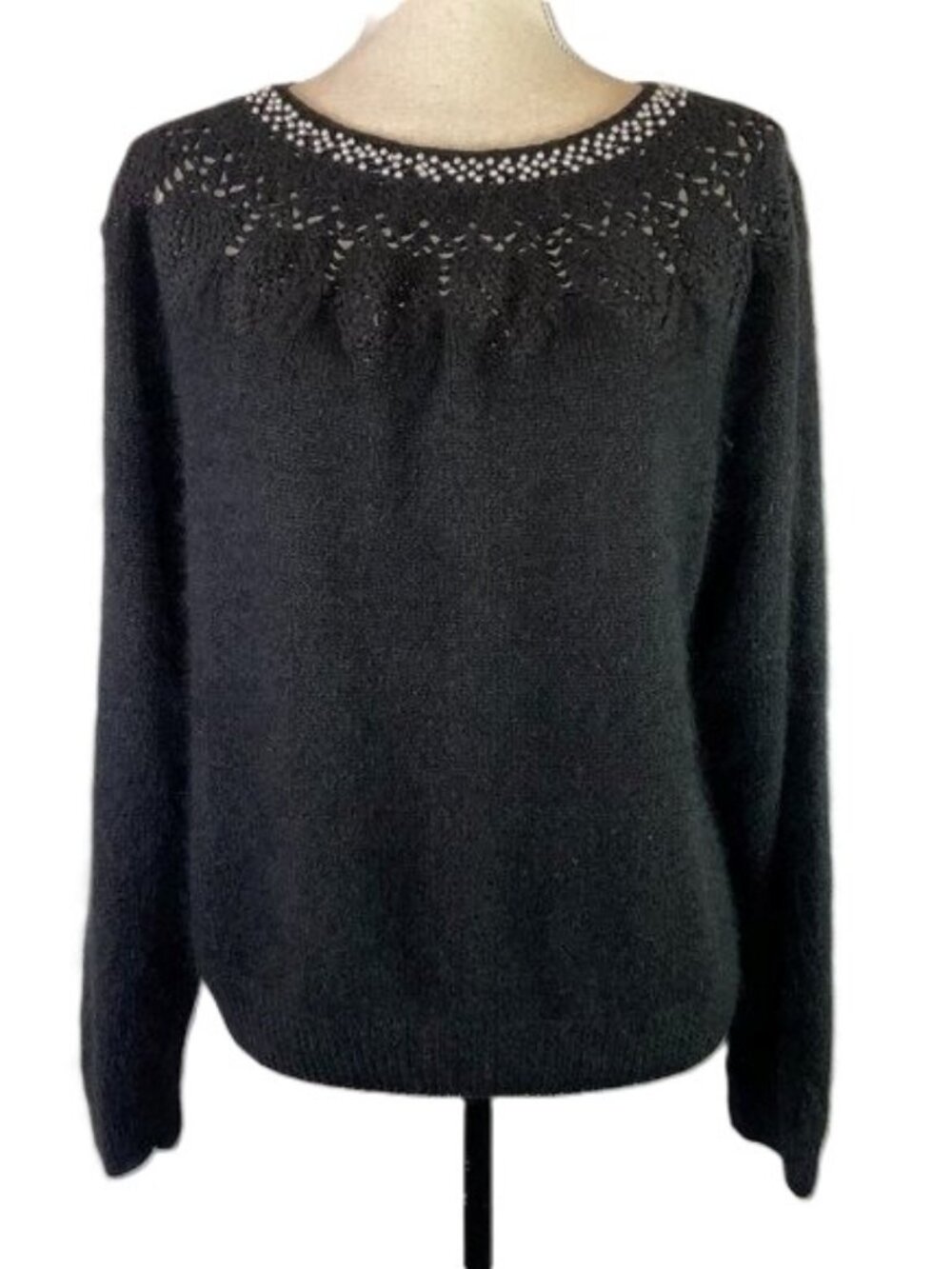 Vintage Gladys Bagley Black Silk Angora Blend Sweater Pearl Beaded Neck Size L